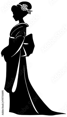 Silhouette of a Japanese Geisha wearing traditional Kimono standing. Isolated 