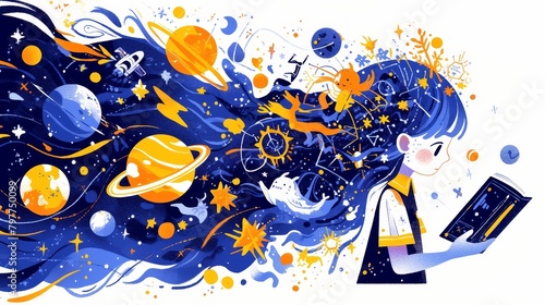 Open book, icons representing different shapes and sizes. Young girl holds up her head as if listening intently. Above or around them floating other symbols such globe, stars, planets, spaceship.