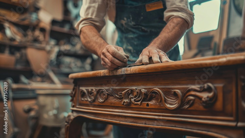 Skilled craftsman restorer is carefully restoring the intricate details on an antique wooden furniture piece