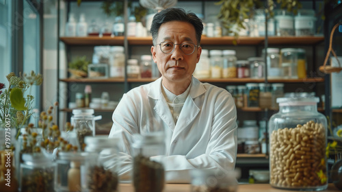 Chinese doctor of traditional Chinese medicine in clinic  surrounded by natural medicines. Chinese traditional medicine concept  herbal  spicy  traditional bowls. Generative ai