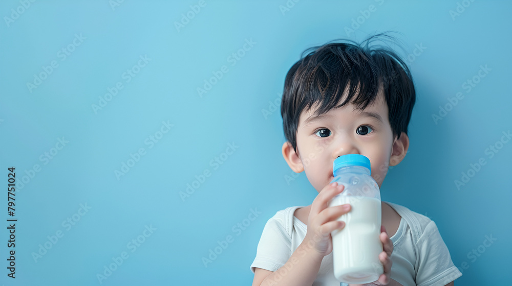 Asian little child boy about 2 year drinking milk from bottle glass itself on blue background Asian little child boy about 2 year drinking milk from bottle glass itself on blue background