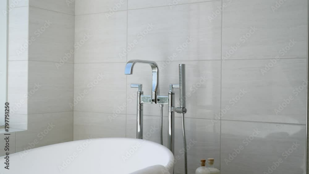 Serene bathroom with freestanding white bathtub and curved faucet with