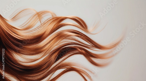 Close-up texture and flow of curly hair against a soft backdrop background. Hair cosmetic