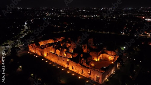 Forward Drone Shot Above Baths of Caracalla in Rome, Italy City Centre