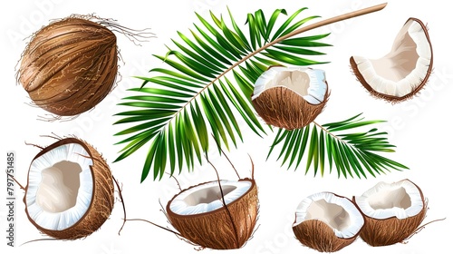 Fresh coconut and palm leaves isolated on white background