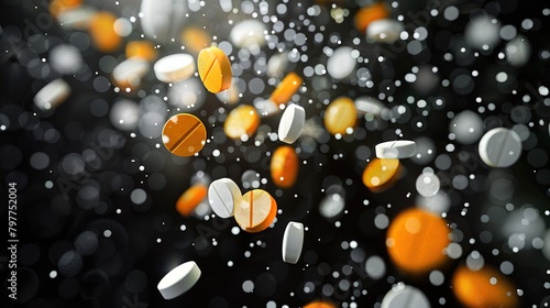 Floating pills in the air with dramatic lighting on a dark background