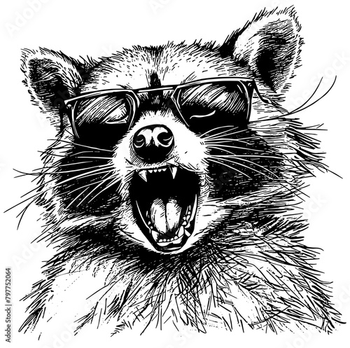 Illustration of a raccoon laughing and wearing sunglass, isolated 