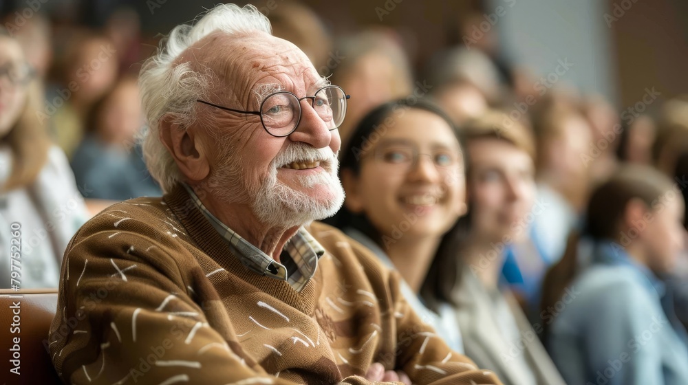 Happy senior man is sitting at a lecture in class with young students. Continuous learning, Improvement concept. Generative ai. Happy senior man is sitting at a lecture in class with young students. Continuous learning, Improvement concept. Generative ai.