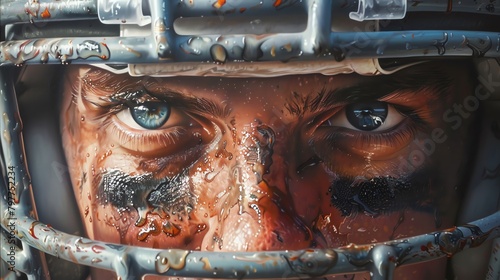 Capture the intensity of an American Football player in a frontal view, depicting intricate details on the helmet Traditional Art Medium preferred