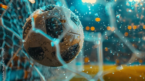 Cinematic angle of a soccer ball flying towards the goal post during a crucial game moment, spectators holding their breath
