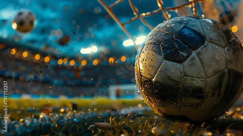 Cinematic angle of a soccer ball flying towards the goal post during a crucial game moment, spectators holding their breath photo