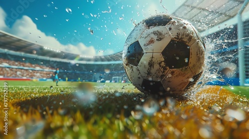 Cinematic angle of a soccer ball flying towards the goal post during a crucial game moment, spectators holding their breath photo