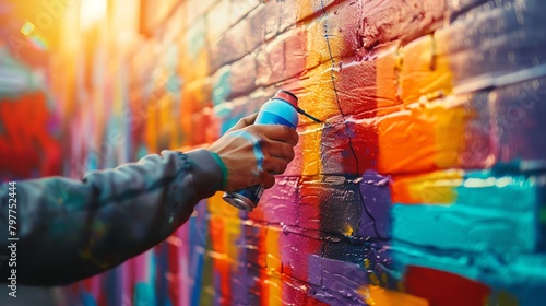 Close-up of an artist's hand spraying a bright, colorful graffiti piece on an urban wall, showcasing street culture and creativity photo