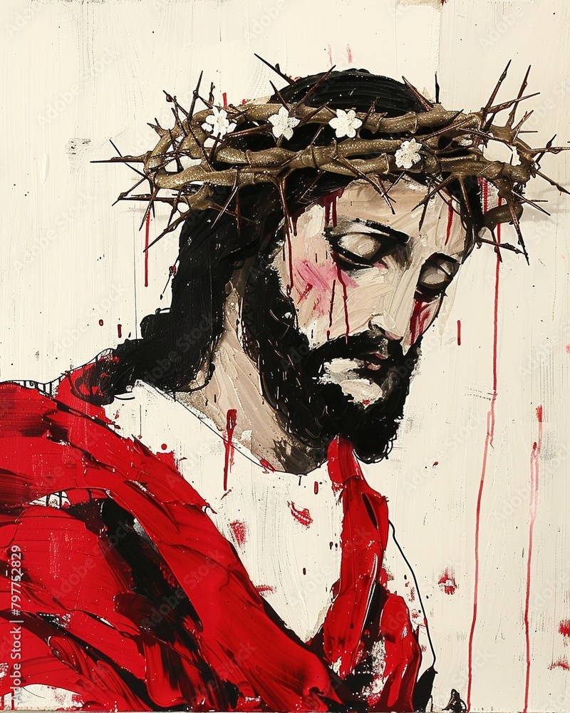 Imagine a depiction of Jesus wearing a crown of thorns, representing the Christian belief in his sacrifice The decoration includes a reverent depiction of Jesus and the crown, creating a poignant and 