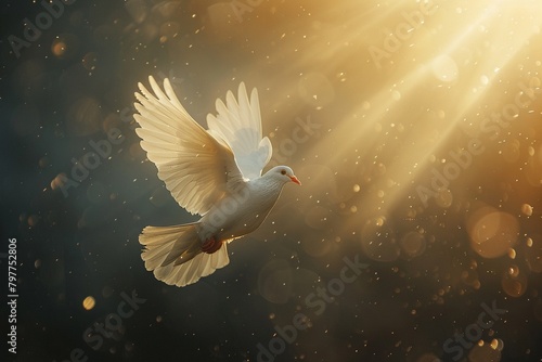 Imagine a dove soaring in a sky illuminated by a beam of light  symbolizing peace and hope The background includes a banner with space for text or decoration  creating a serene and spiritual scene 8K 