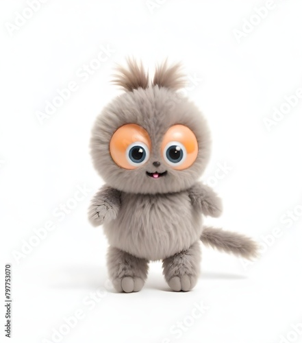 A cute  furry gray creature with large eyes and a round body  resembling a plush toy