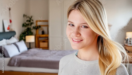 portrait of a young woman in a modern bedroom