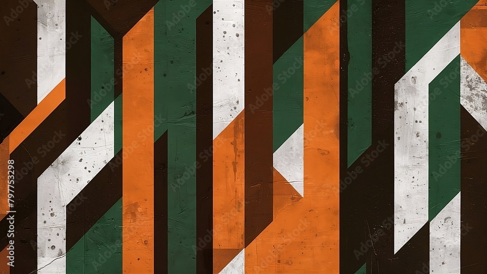 Graffiti art background, wallpaper with graphic stripes, in the style of dark green, dark brown, orange and burdeos geometric shapes & patterns, unapologetic grit, folded planes, gritty, urban street 