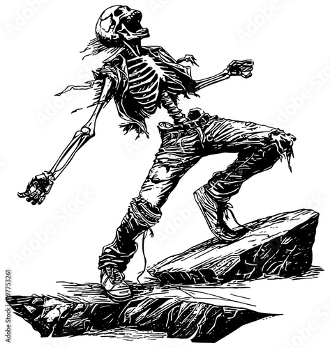 illustration of a skeleton that is wearing tattered clothing screaming on top of a rock 