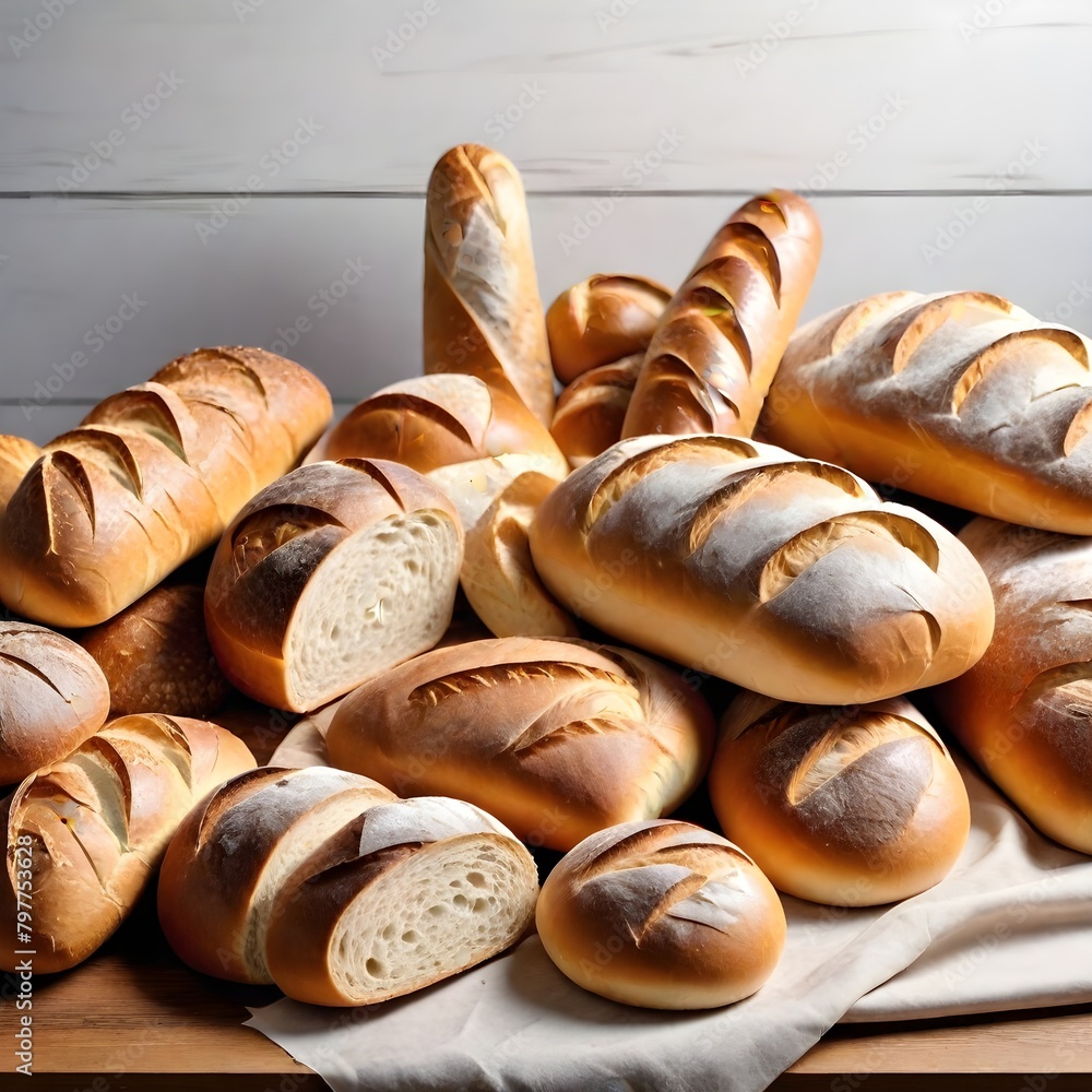 Assortment of freshly baked bread including rolls, baguettes, and sliced loaves on a wooden surface