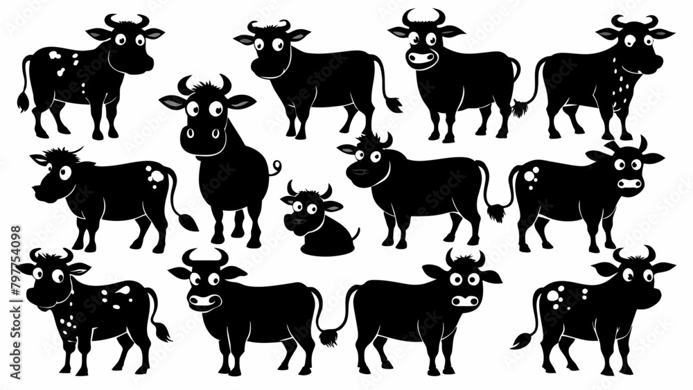 set of cute cows silhouette black color 