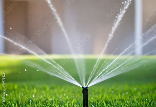 A sprinkler spraying water over a lush green lawn on a sunny day