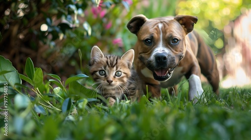 A playful American Staffordshire Terrier dog romping through a lush backyard garden with a tiny kitten, captured in vibrant hues reminiscent of a sunny afternoon