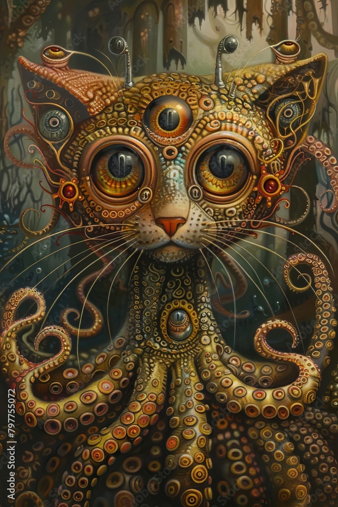 Naklejka premium A cat wearing an octopus costume made of metal and gems