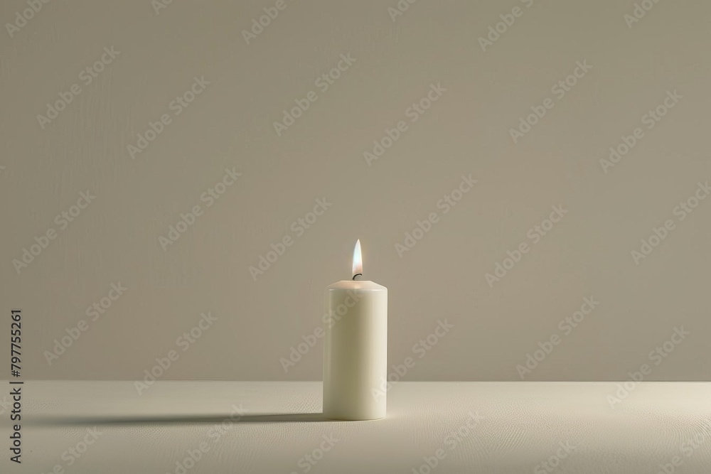 A single candle is burning on a white table against a beige background A single candle is burning on a white table against a beige background