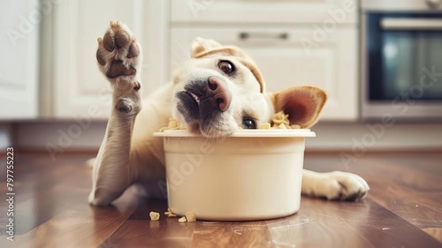Hilarious image of a dog with its head stuck in a food container, legs splayed in a goofy stance, capturing a moment of mischief and curiosity gone awry photo