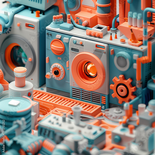 Captivating Appliances Encircled by Airborne Hammers and Gears: Creative Display photo