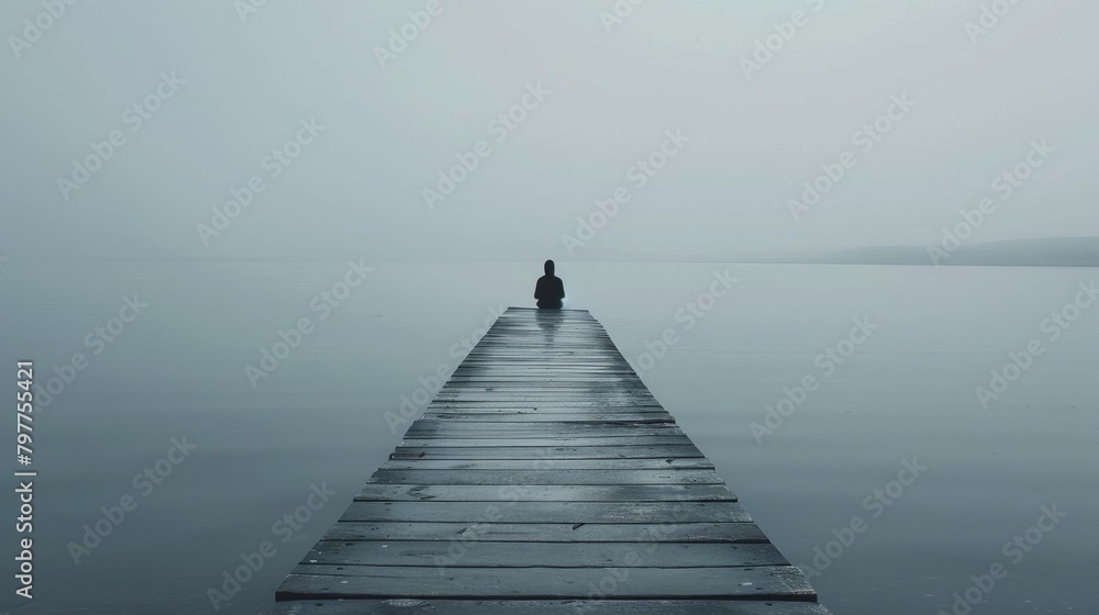 A lone figure sits on a dock in the middle of a lake