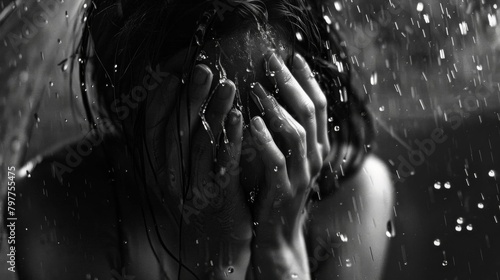 A black and white photo of a woman crying in the rain photo