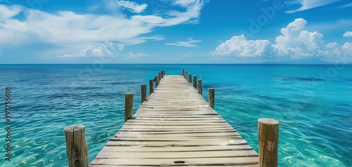 A tranquil wooden pier stretching into the endless expanse of azure waters, fringed by vibrant coastal flora photo