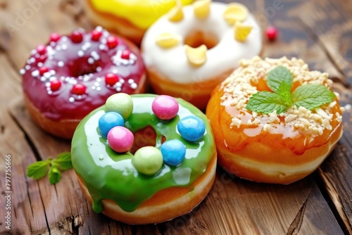 Colorful glazed donuts with sprinkles on a wooden table. Donuts on a Background with Copy Space. 