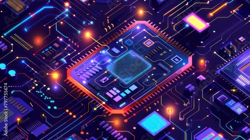 AI computer semiconductor circuit board processor technology background 3D design illustration.