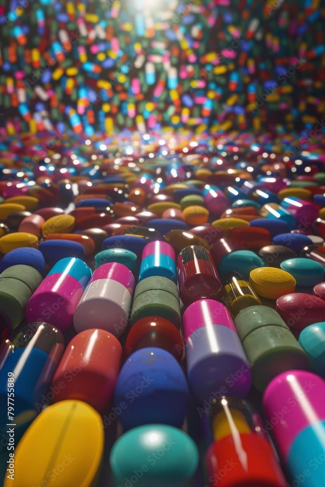 Obraz premium 3d render of a bunch of colorful translucent capsules