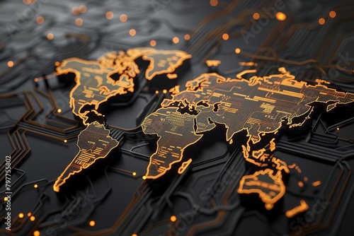 Detailed 3D illustration of a futuristic world map, where continents are formed by intricate, glowing circuit patterns on a sleek, black surface