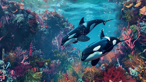 Dramatic 3D scene of orcas hunting together in a coral reef environment  highlighting their cooperative behavior and vivid marine setting