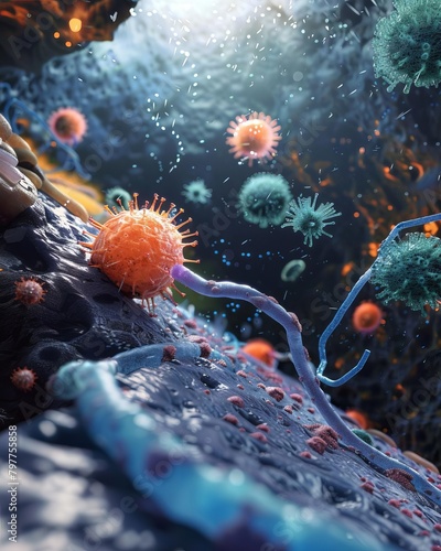 Dynamic 3D scene of the immune system s signaling molecules in action, depicting cytokines and chemokines as they guide cells to an infection site
