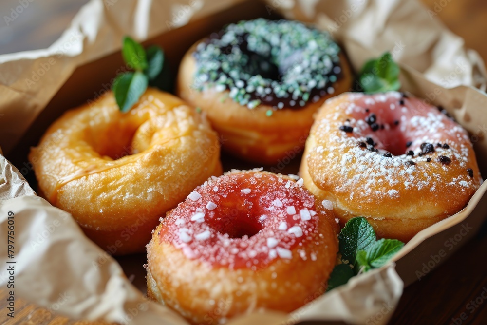 Delicious donuts in paper box on wooden table, closeup. Donuts on a Background with Copy Space. 
