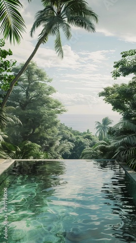 3D animated sequence of an infinity pool merging seamlessly into a verdant  tropical forest  embodying the concept of Infinity Green