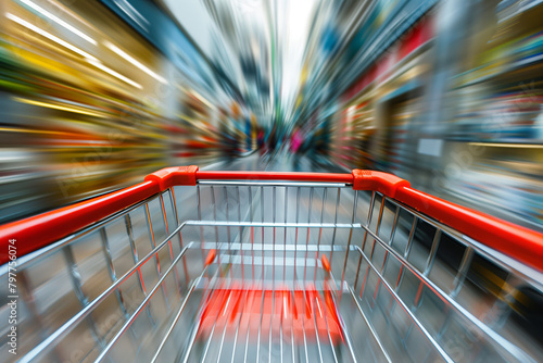 Fast moving shopping cart motion in supermarket store pointing to consumerism and retail commerce, blurry background. photo