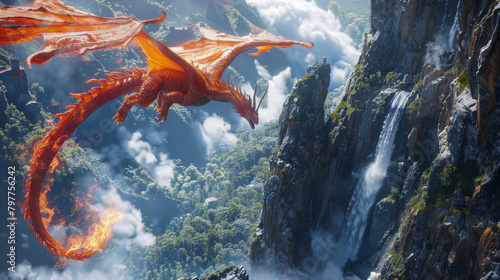 A red dragon is flying over a mountain range with a waterfall in the background