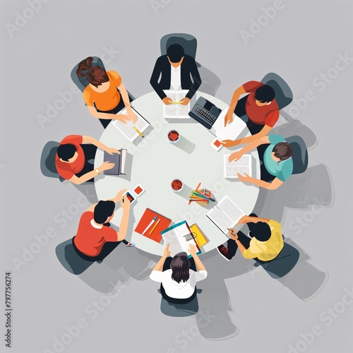 a group of people sitting around a round table