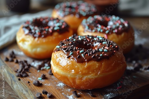 Delicious donuts with chocolate and sprinkles on a wooden board. Donuts on a Background with Copy Space. 