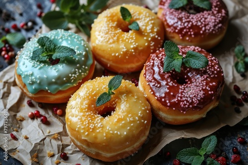 Delicious donuts with glaze and mint on table, closeup. Donuts on a Background with Copy Space. 