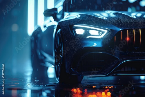 New premium car with glowing headlights on a dark background close-up front view