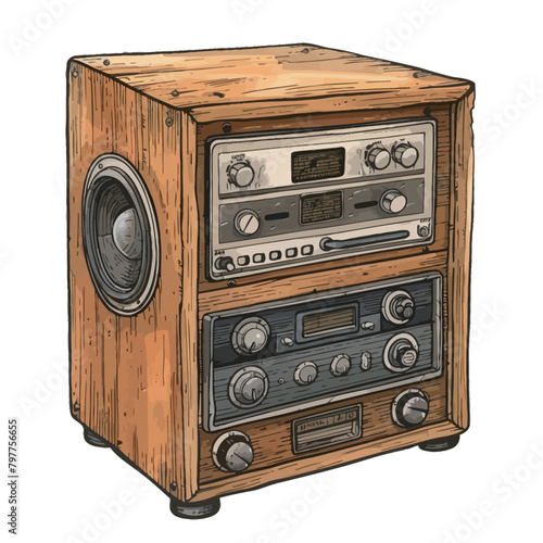 Vintage radio. Hand drawn vector illustration. Black and white.