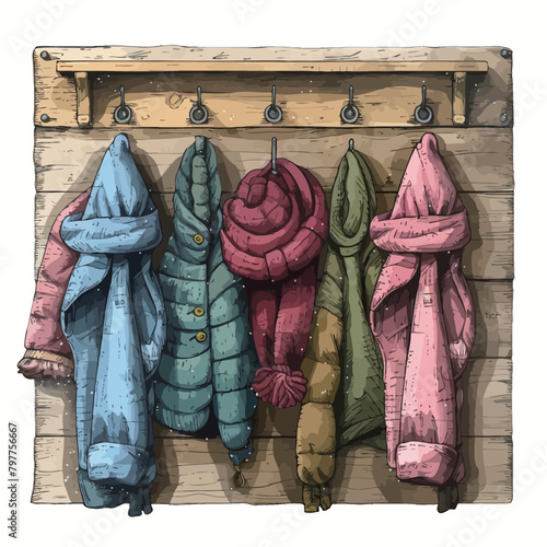 Hand-drawn illustration of a wooden hanger with different clothes.